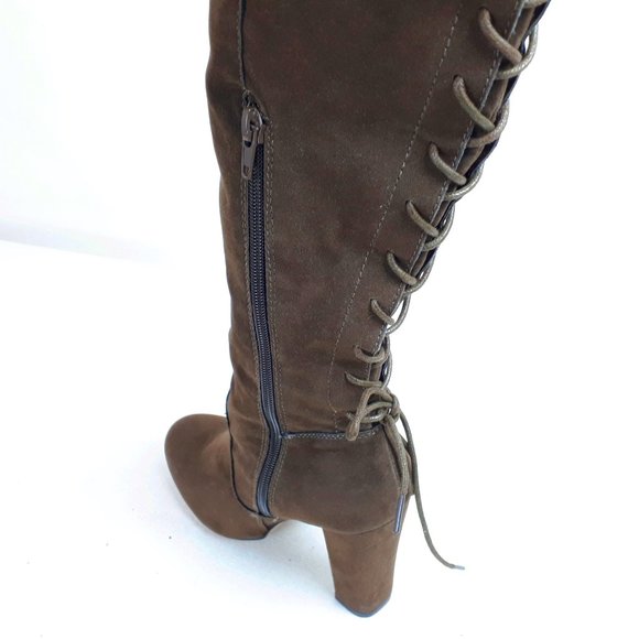 ShoeDazzle Brown Faux Suede Thigh-high Lace-up Boots - Picture 4 of 16